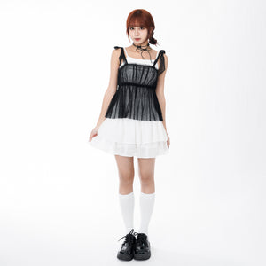 STRAP RIBBON SEE- THROUGH LAYERED SLEEVELESS TOP/ 3色