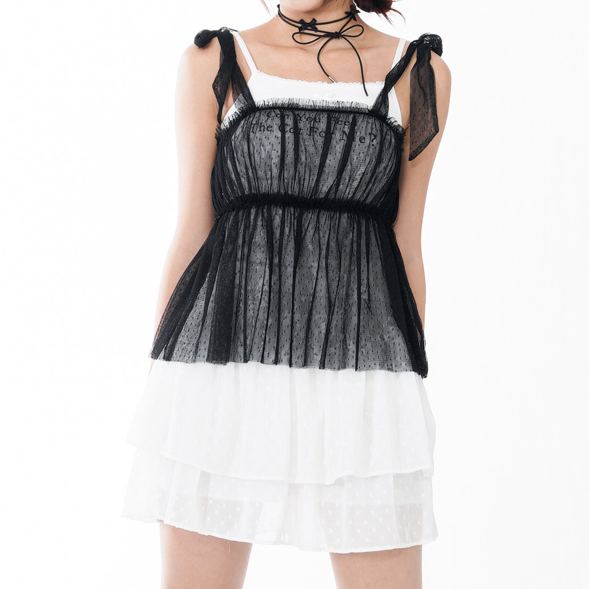 STRAP RIBBON SEE- THROUGH LAYERED SLEEVELESS TOP/ 3色