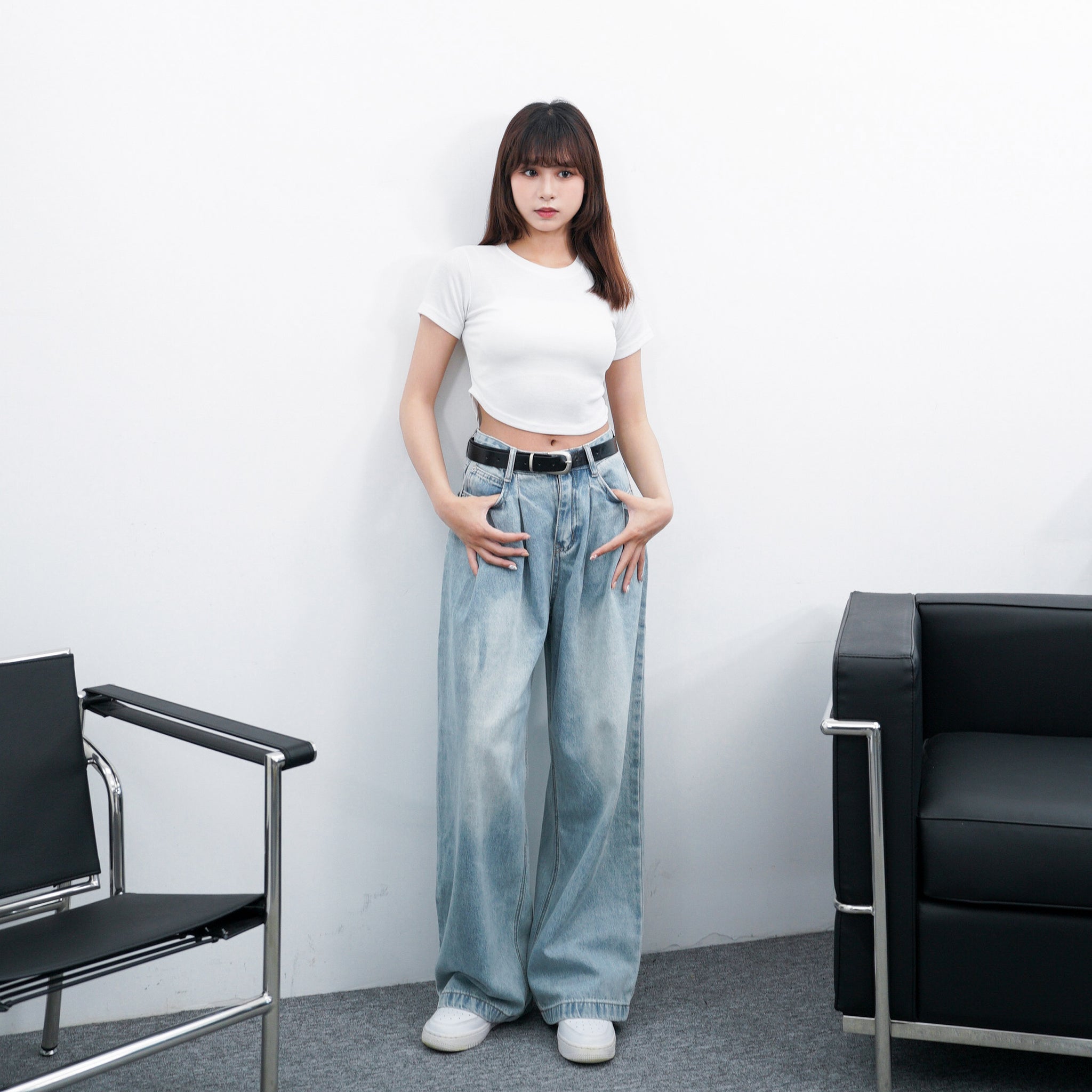 BELTED SOFT PIN-TUCK HIGH WAIST DENIM PANTS/ 2色