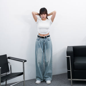 BELTED SOFT PIN-TUCK HIGH WAIST DENIM PANTS/ 2色