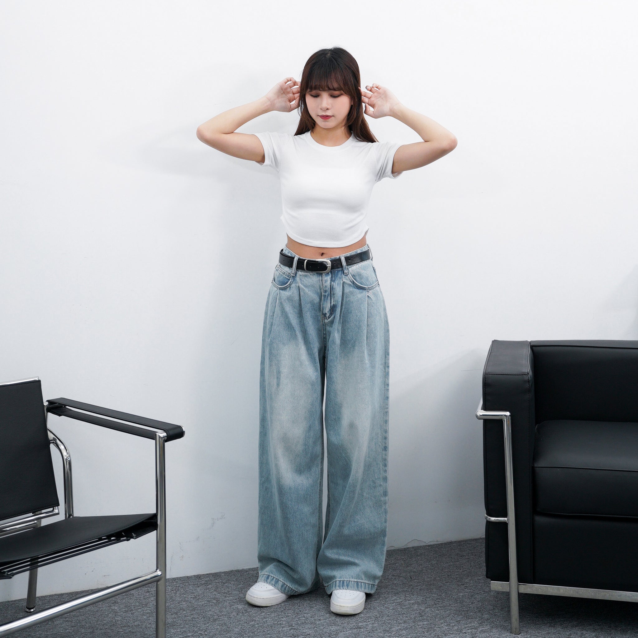 BELTED SOFT PIN-TUCK HIGH WAIST DENIM PANTS/ 2色