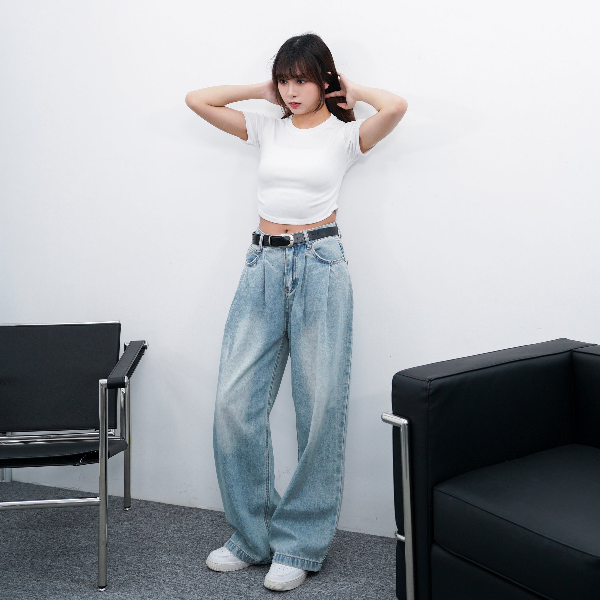 BELTED SOFT PIN-TUCK HIGH WAIST DENIM PANTS/ 2色