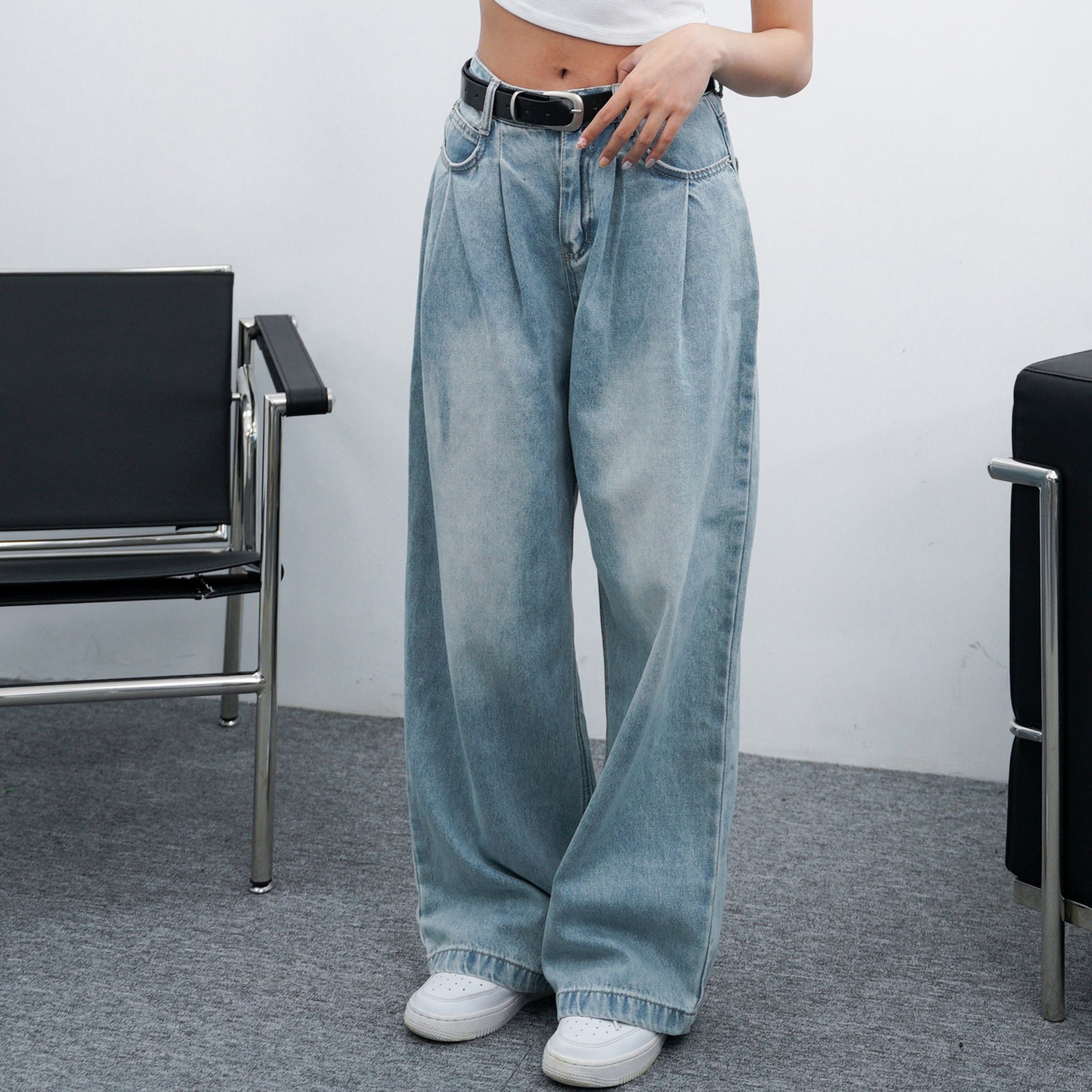 BELTED SOFT PIN-TUCK HIGH WAIST DENIM PANTS/ 2色