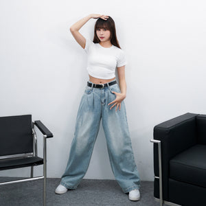 BELTED SOFT PIN-TUCK HIGH WAIST DENIM PANTS/ 2色