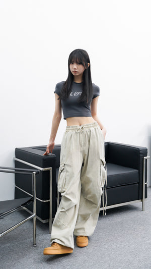 [UNISEX] 極高腰水洗STRING CARGO BANDING PANTS/ 1色