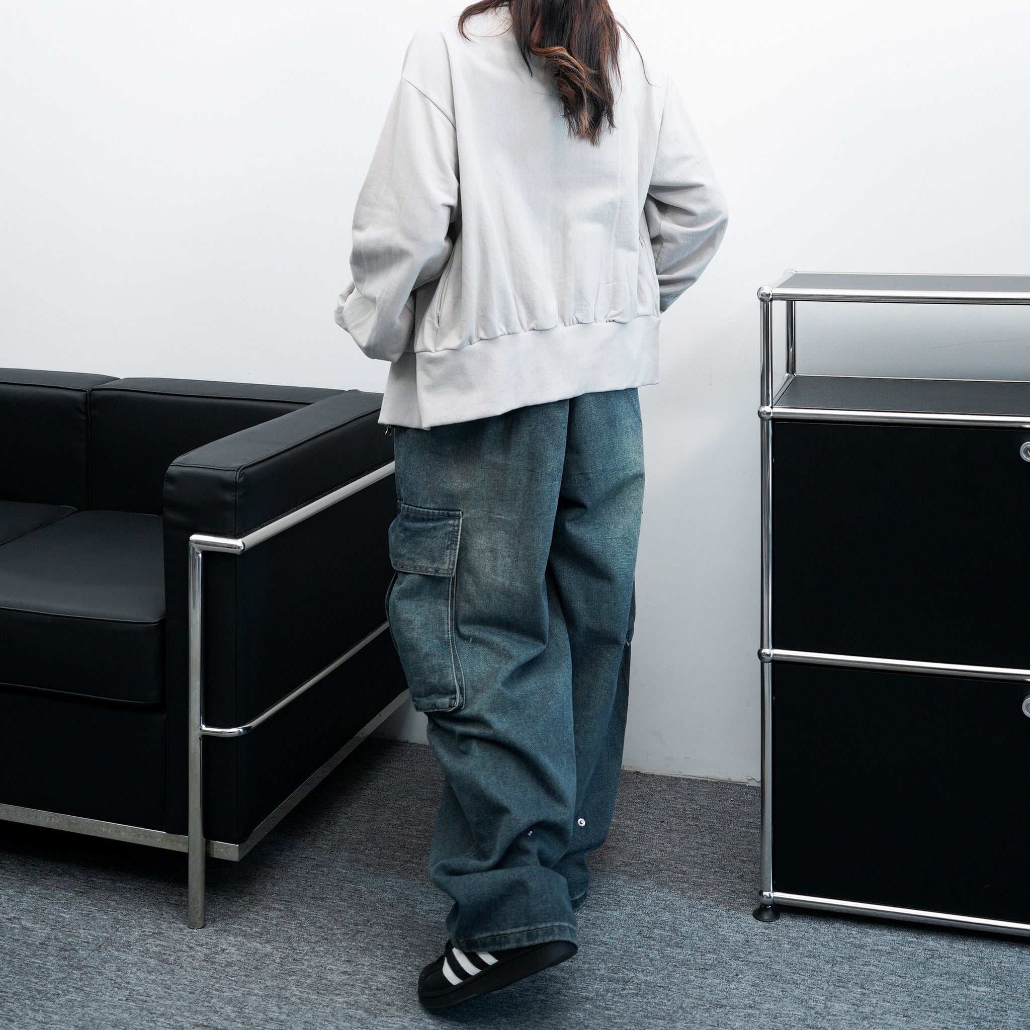 [UNISEX] 啪啪鈕調節長短! SLAT CARGO BANDING DENIM PANTS/ 2色