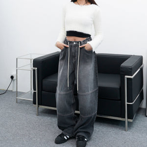 [UNISEX] Moodie Washed Waist String Denim Pants/ 1色