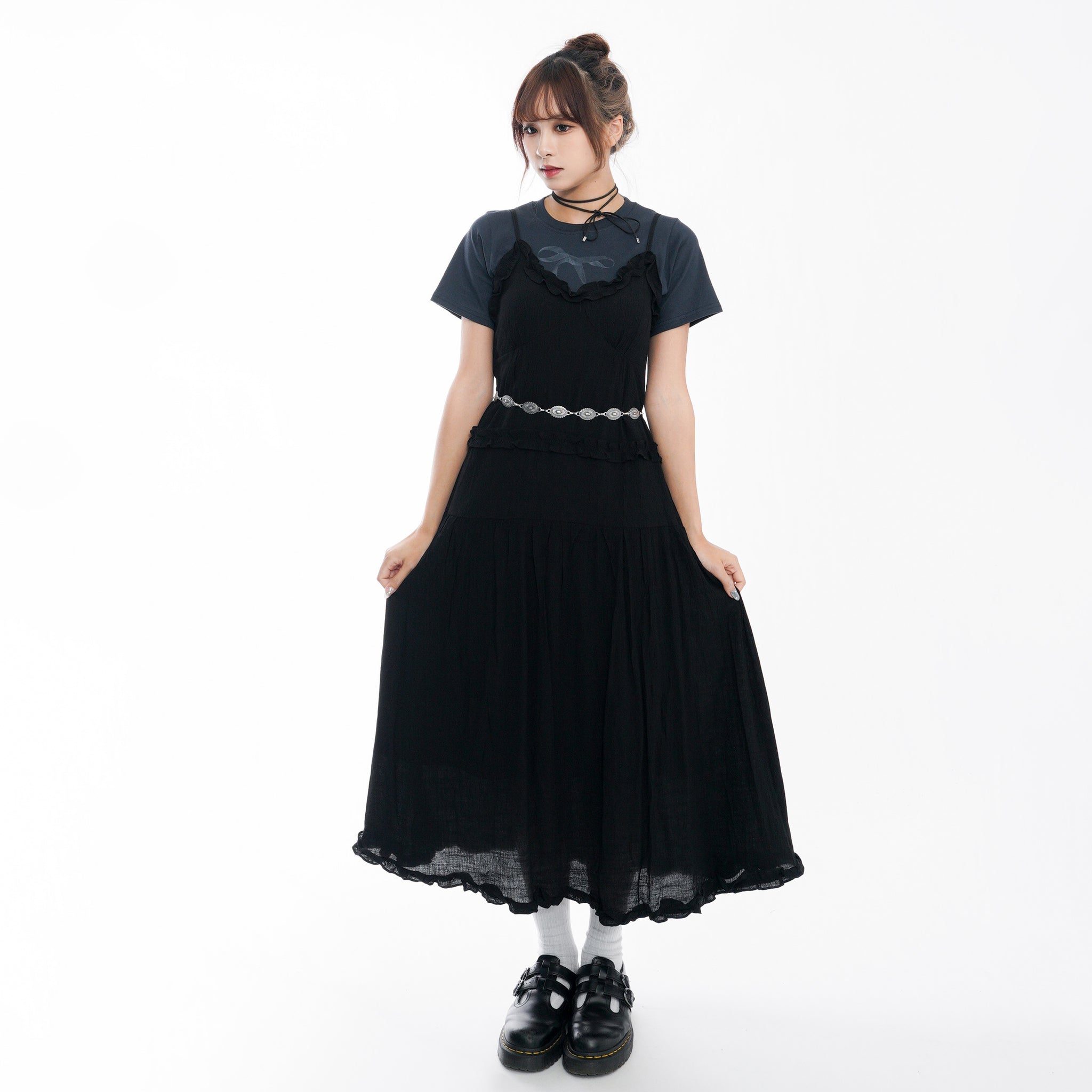 RUFFLED LAYERED FRILL SHIRRING LONG DRESS/ 2色