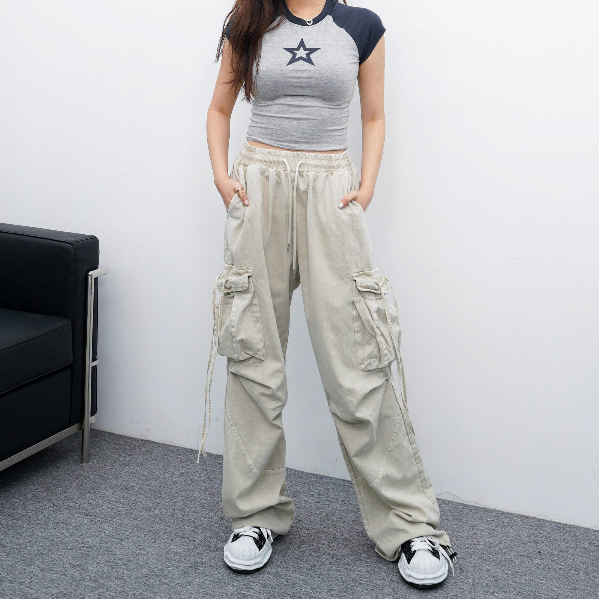 [UNISEX] 極高腰水洗STRING CARGO BANDING PANTS/ 1色