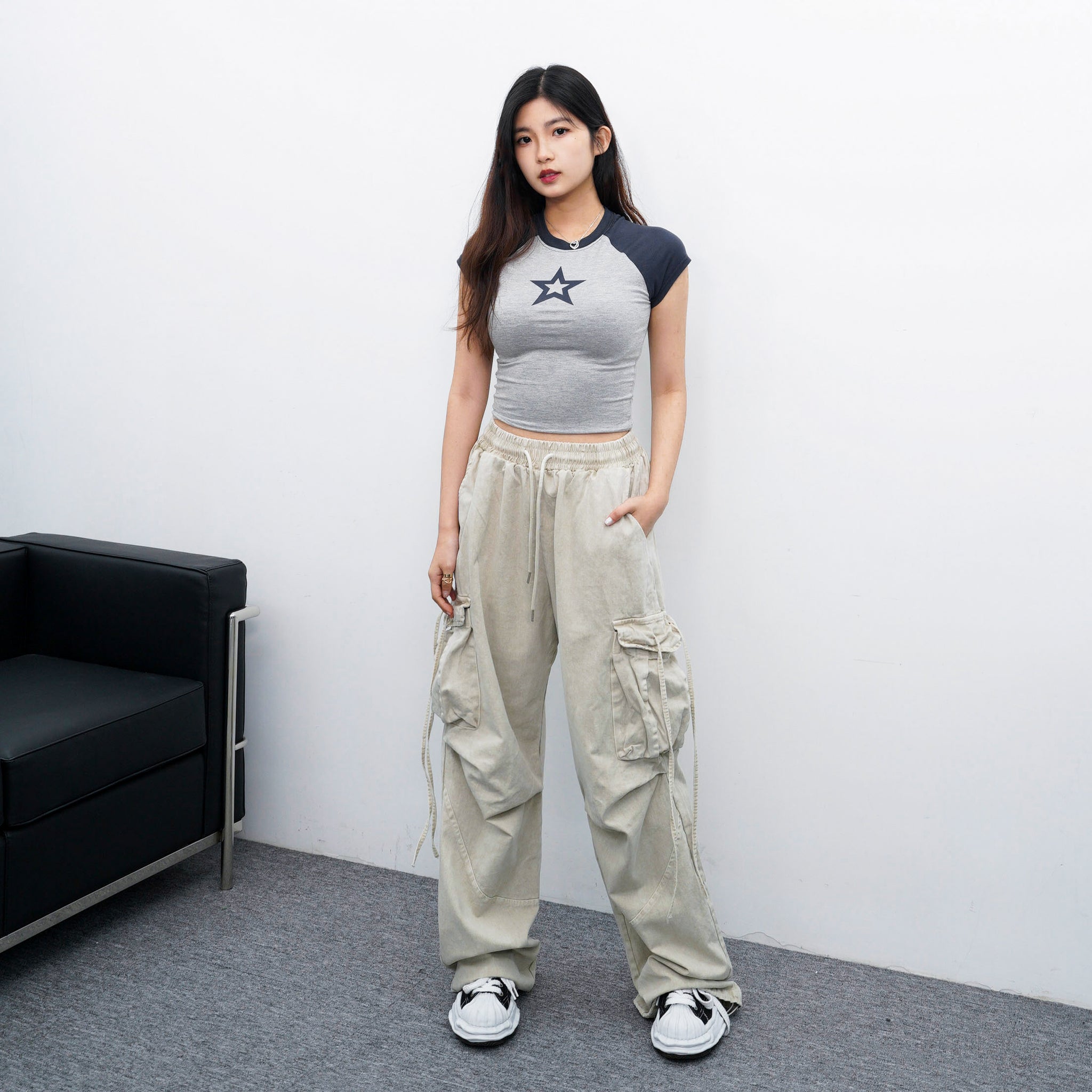 [UNISEX] 極高腰水洗STRING CARGO BANDING PANTS/ 1色