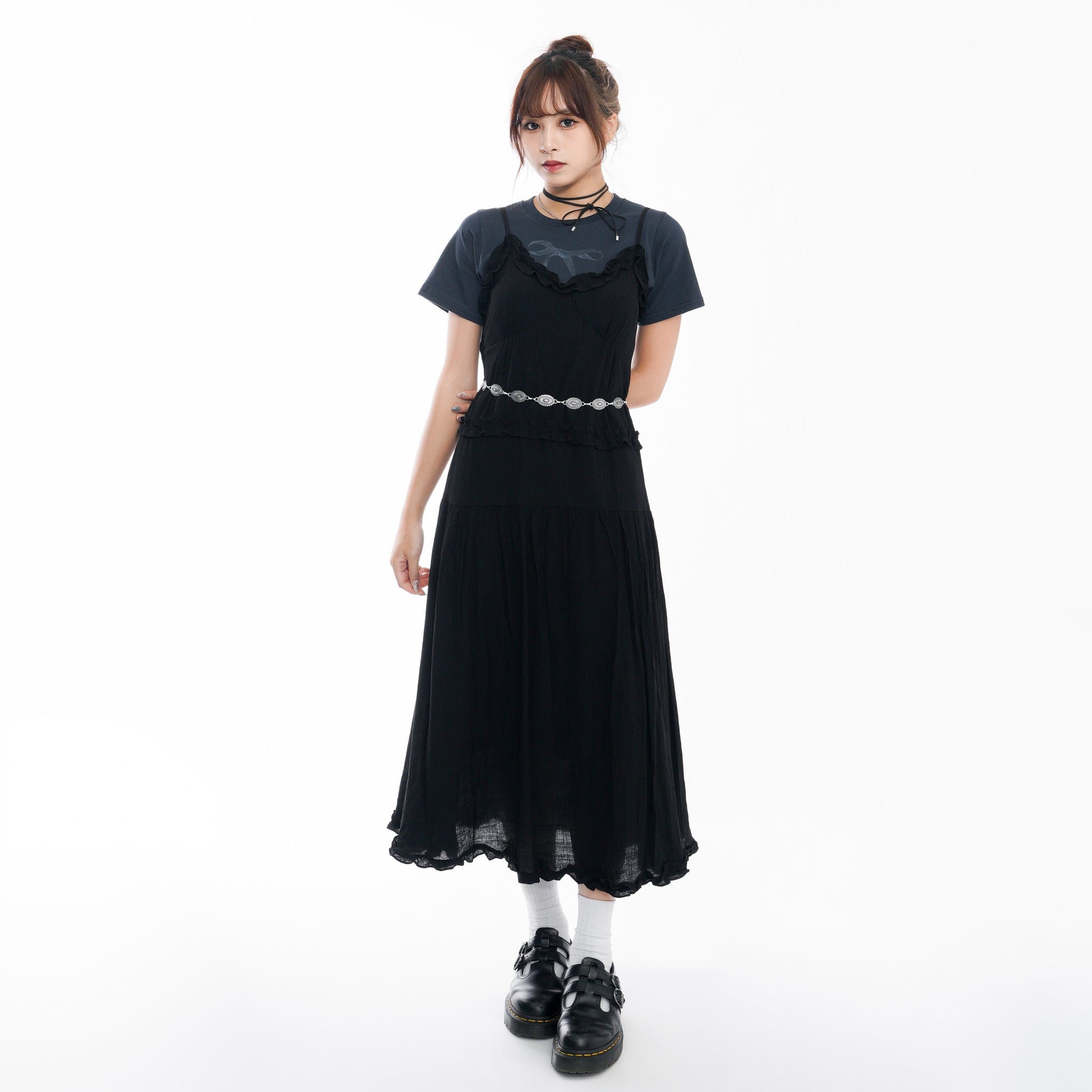 RUFFLED LAYERED FRILL SHIRRING LONG DRESS/ 2色