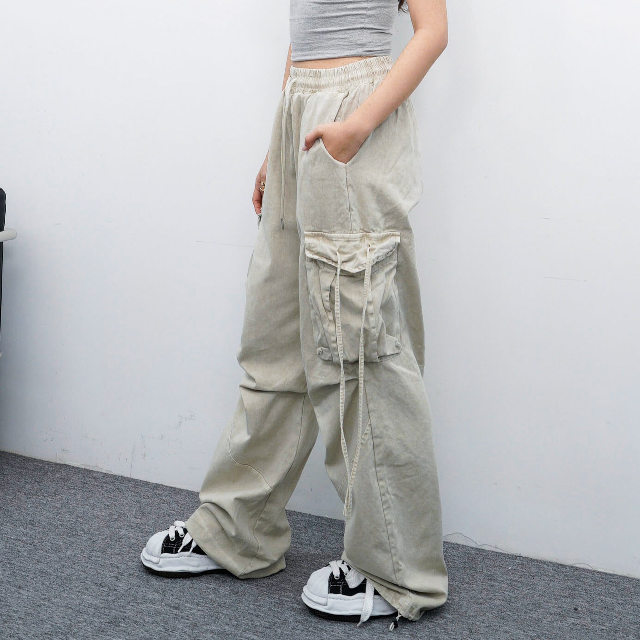 [UNISEX] 極高腰水洗STRING CARGO BANDING PANTS/ 1色