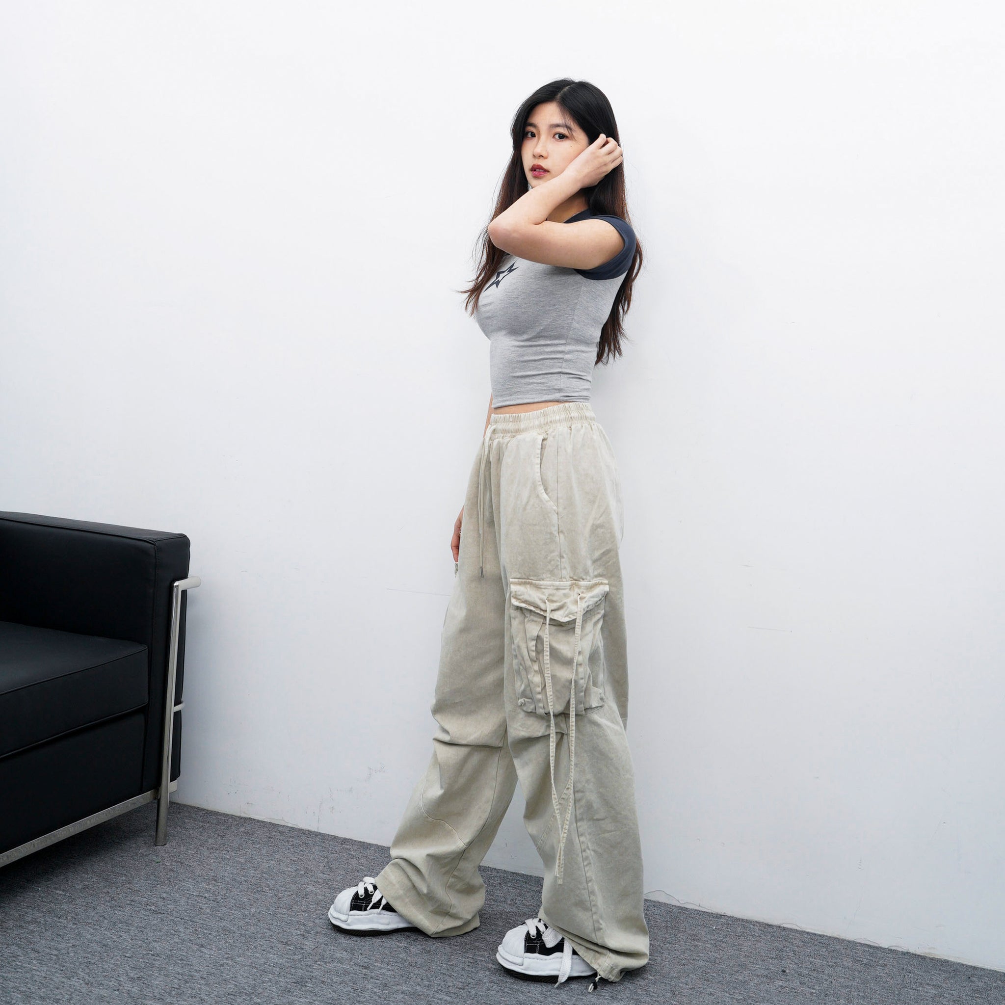 [UNISEX] 極高腰水洗STRING CARGO BANDING PANTS/ 1色