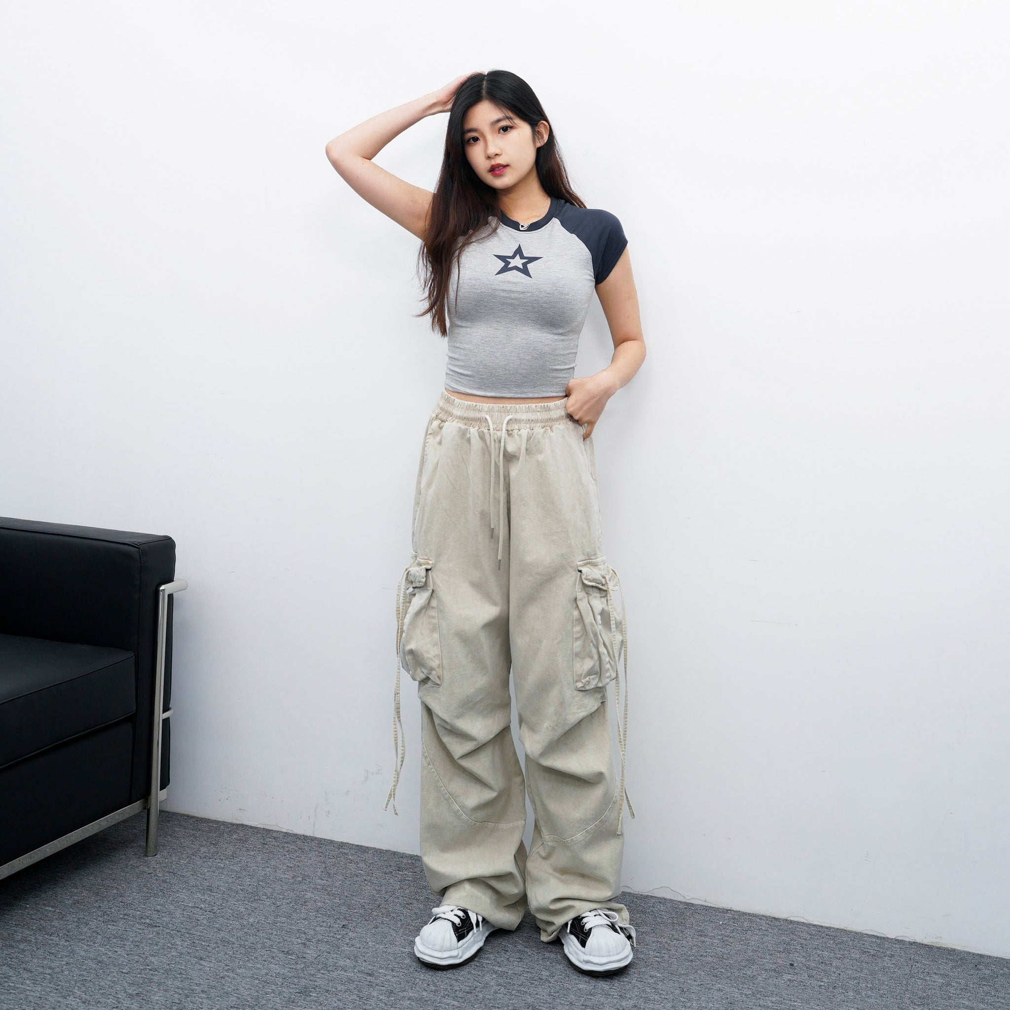 [UNISEX] 極高腰水洗STRING CARGO BANDING PANTS/ 1色