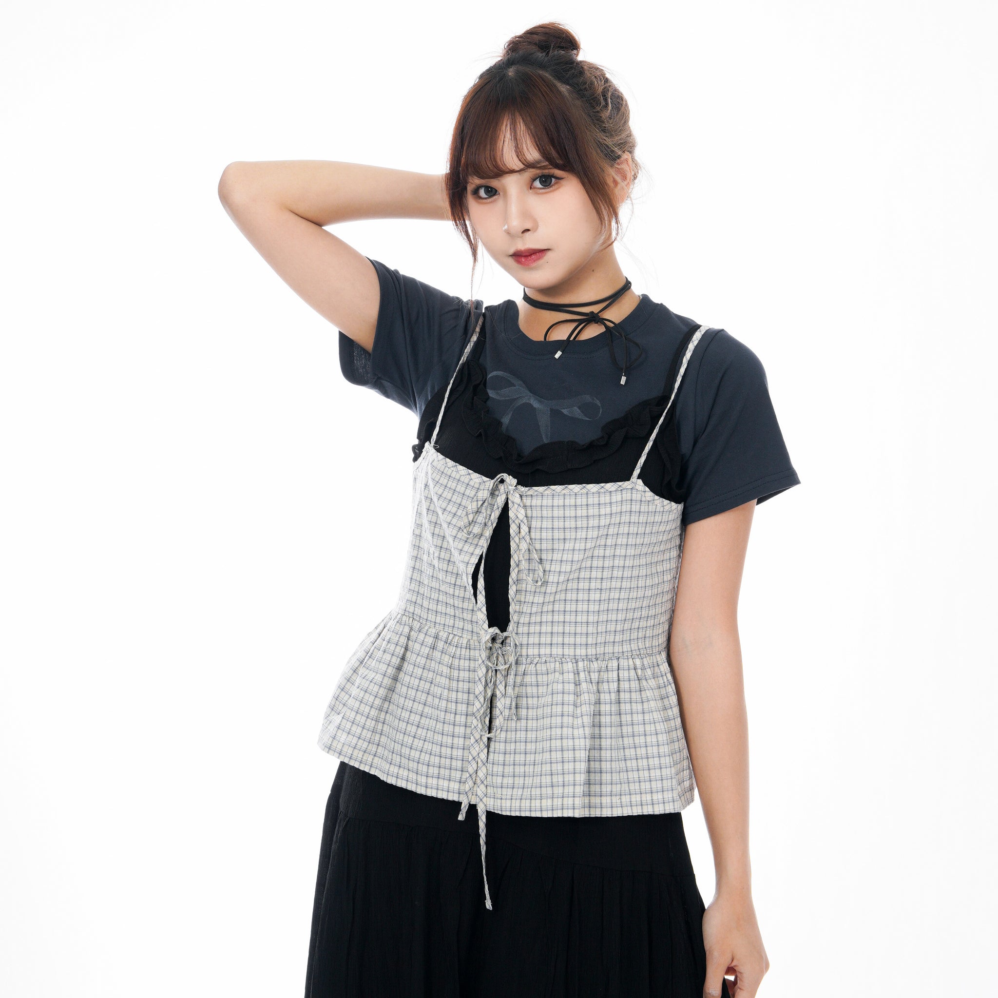 CHECK RIBBON STRAP SLEEVELESS TOP/ 2色