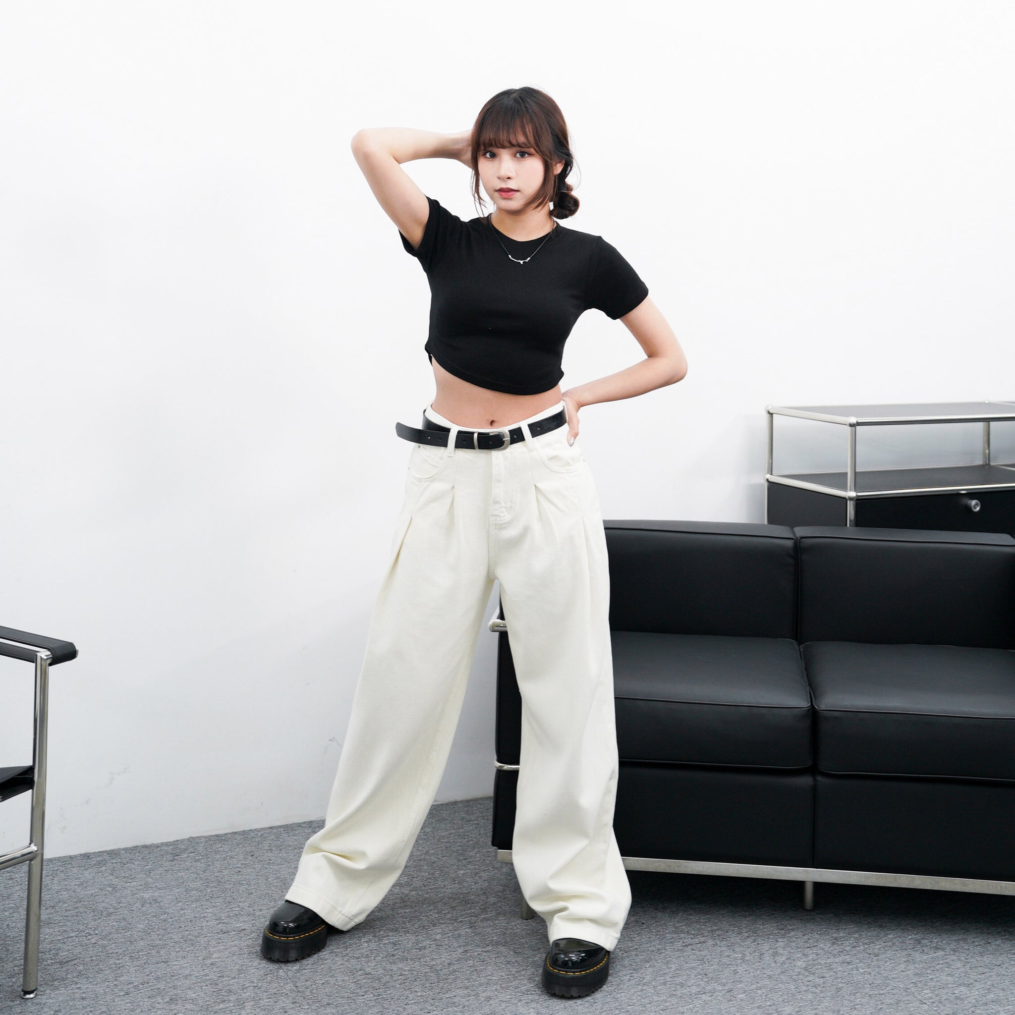 BELTED SOFT PIN-TUCK HIGH WAIST DENIM PANTS/ 2色