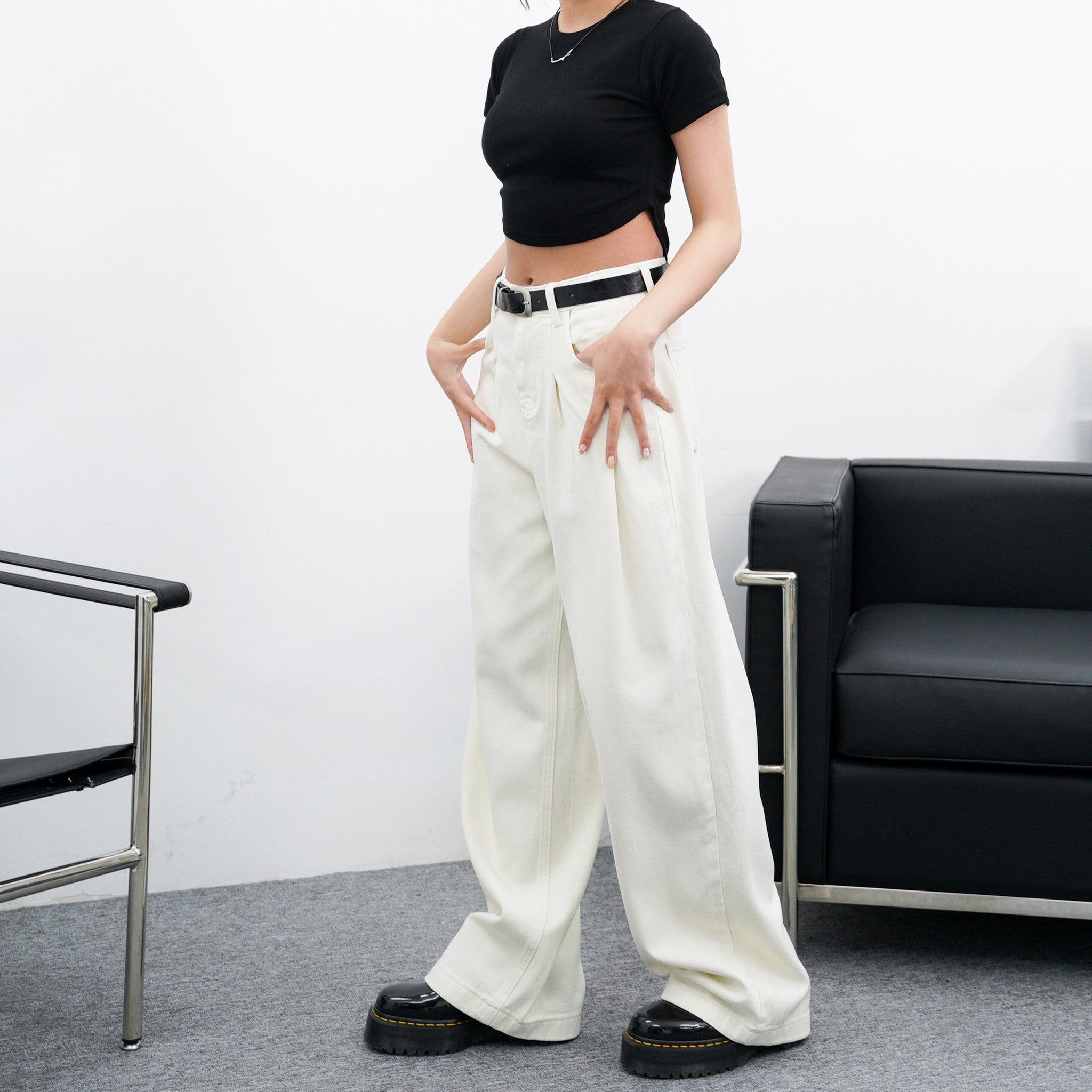 BELTED SOFT PIN-TUCK HIGH WAIST DENIM PANTS/ 2色