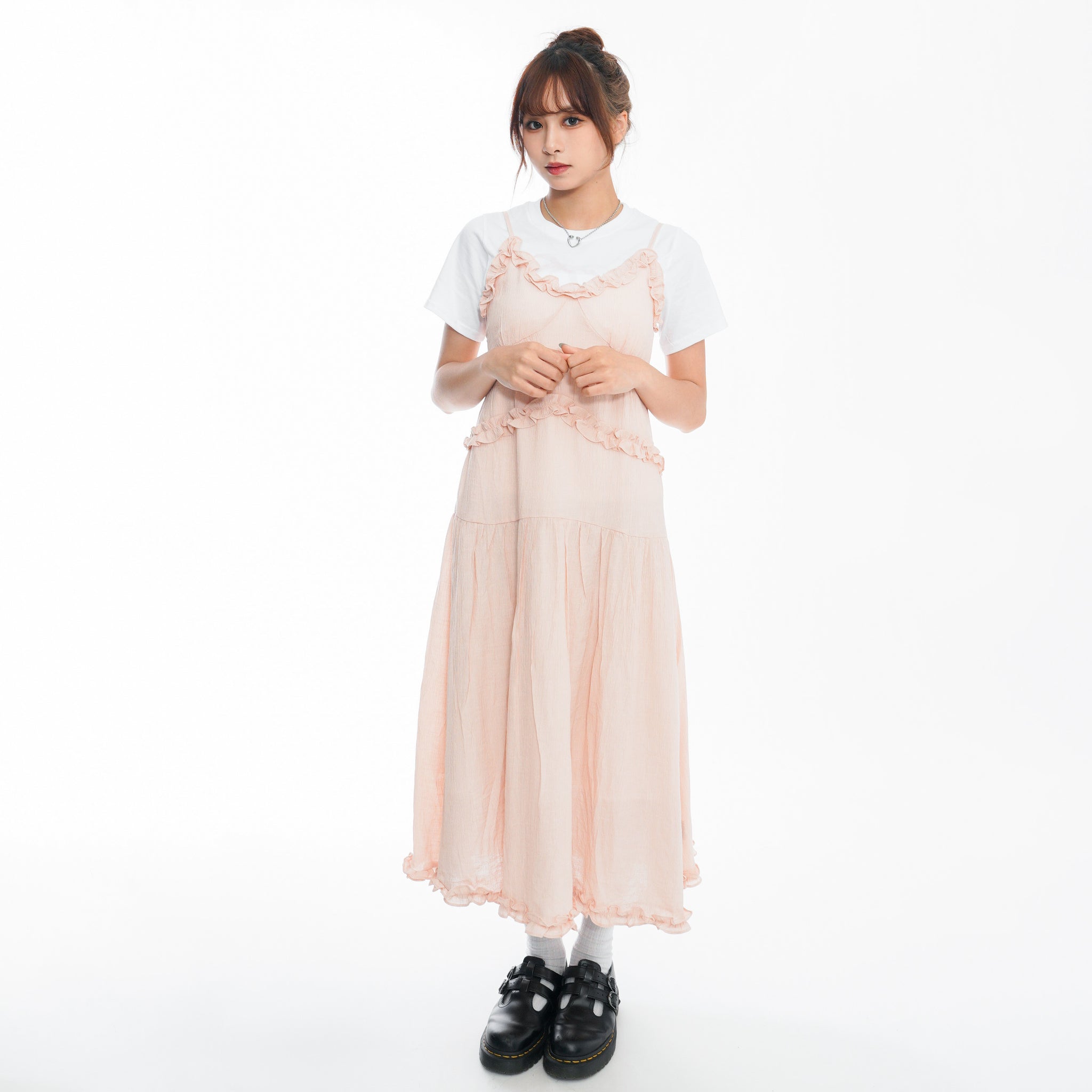 RUFFLED LAYERED FRILL SHIRRING LONG DRESS/ 2色