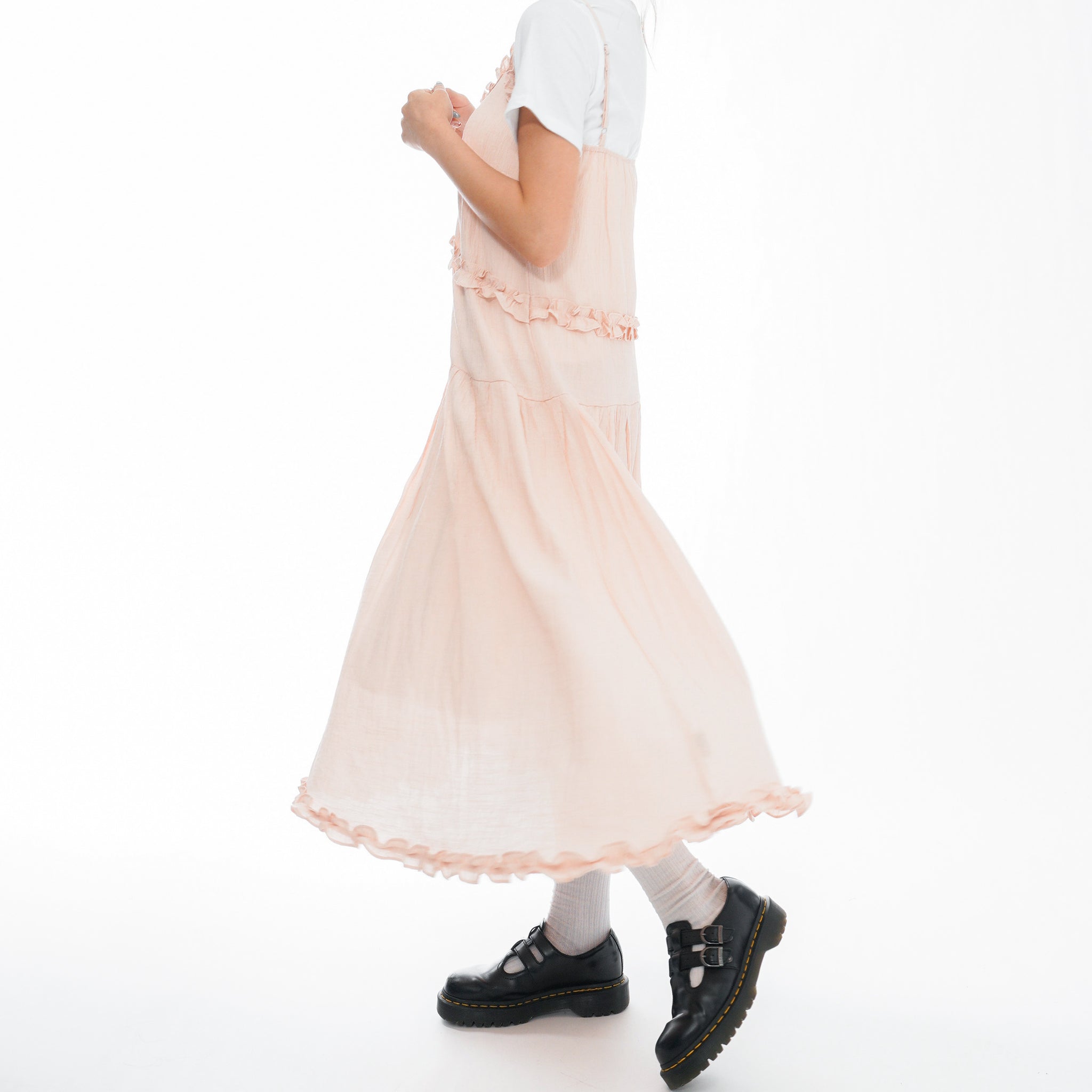 RUFFLED LAYERED FRILL SHIRRING LONG DRESS/ 2色