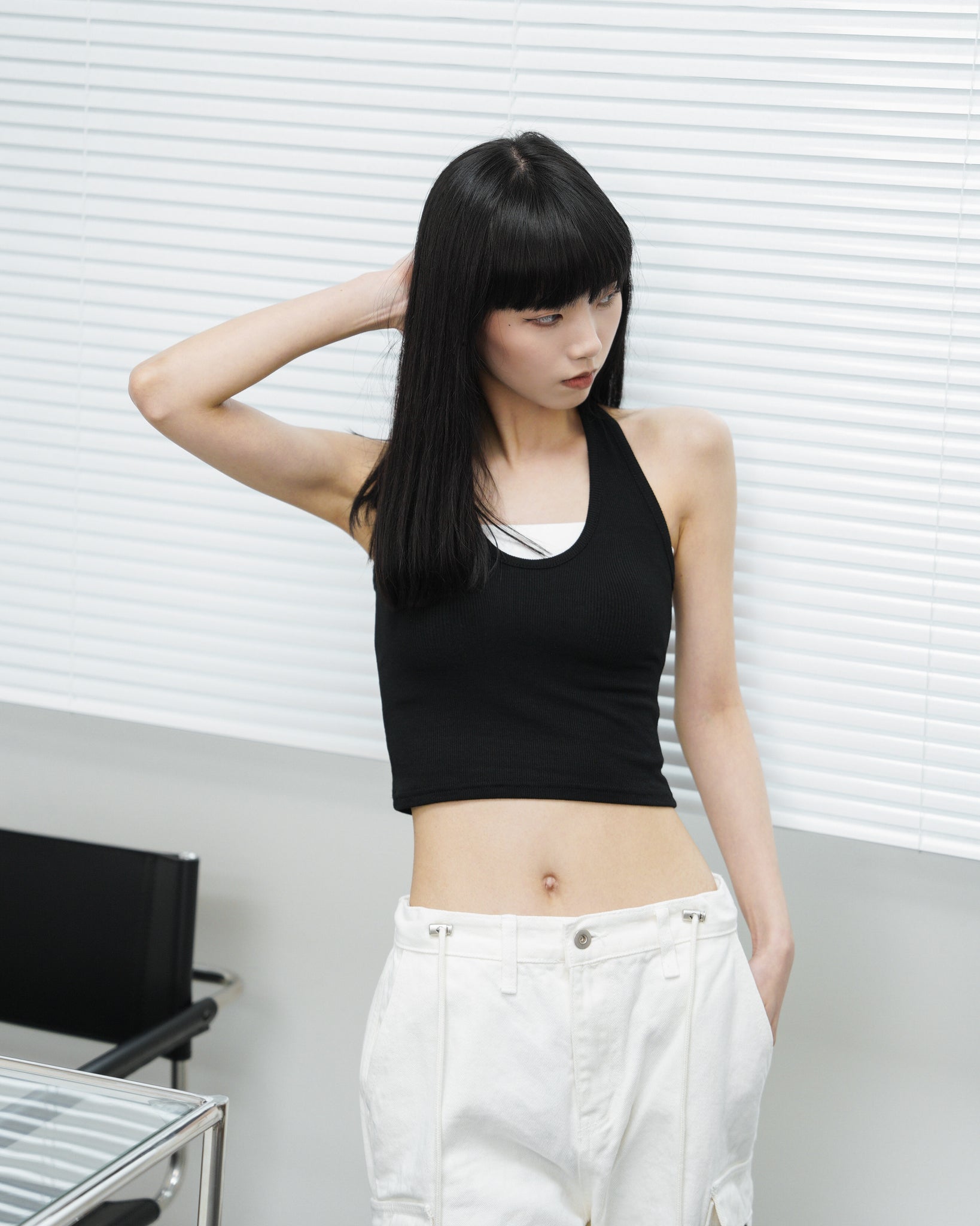 [HOT] Ribbed Halter Neck Sleeveless Top/ 2色