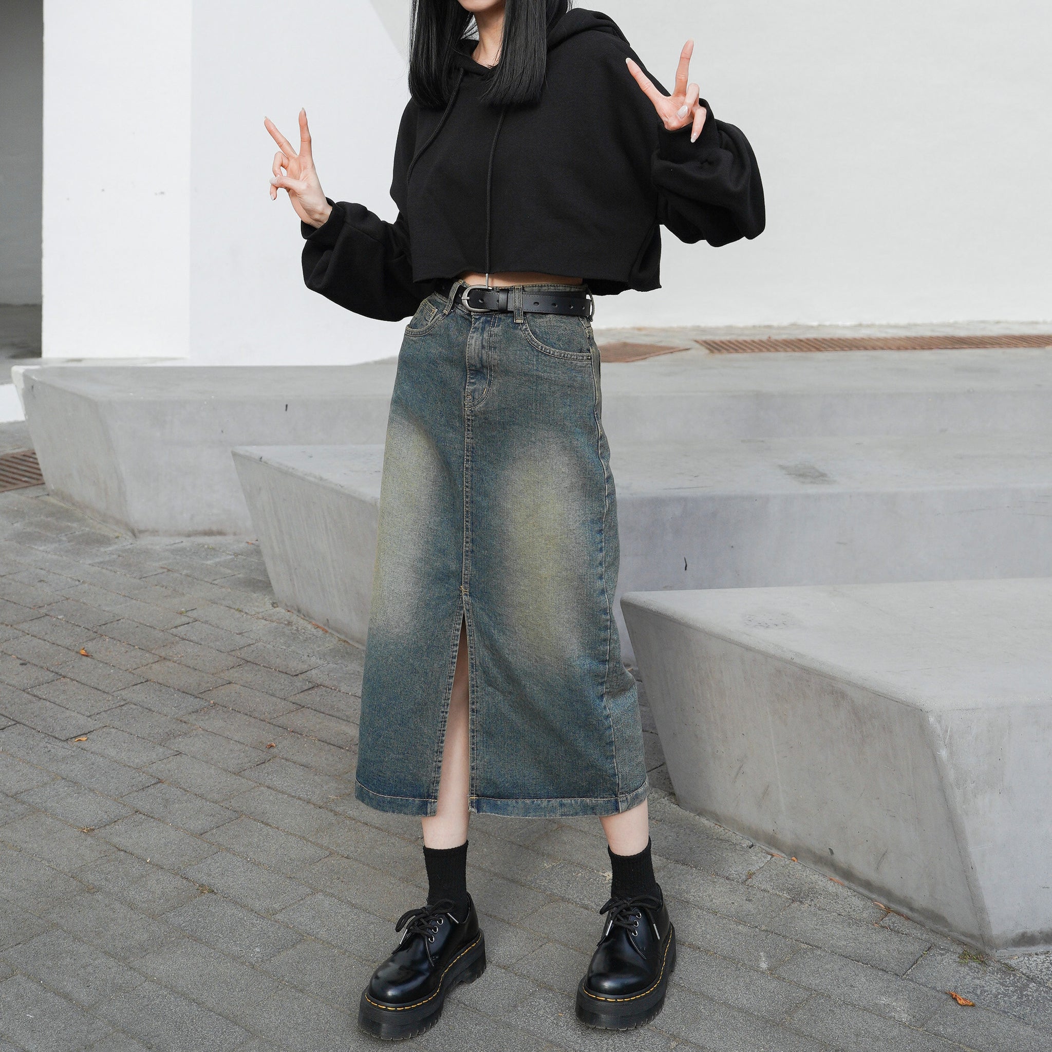 [前開衩] Vintage Washed Long Skirt/ 1色