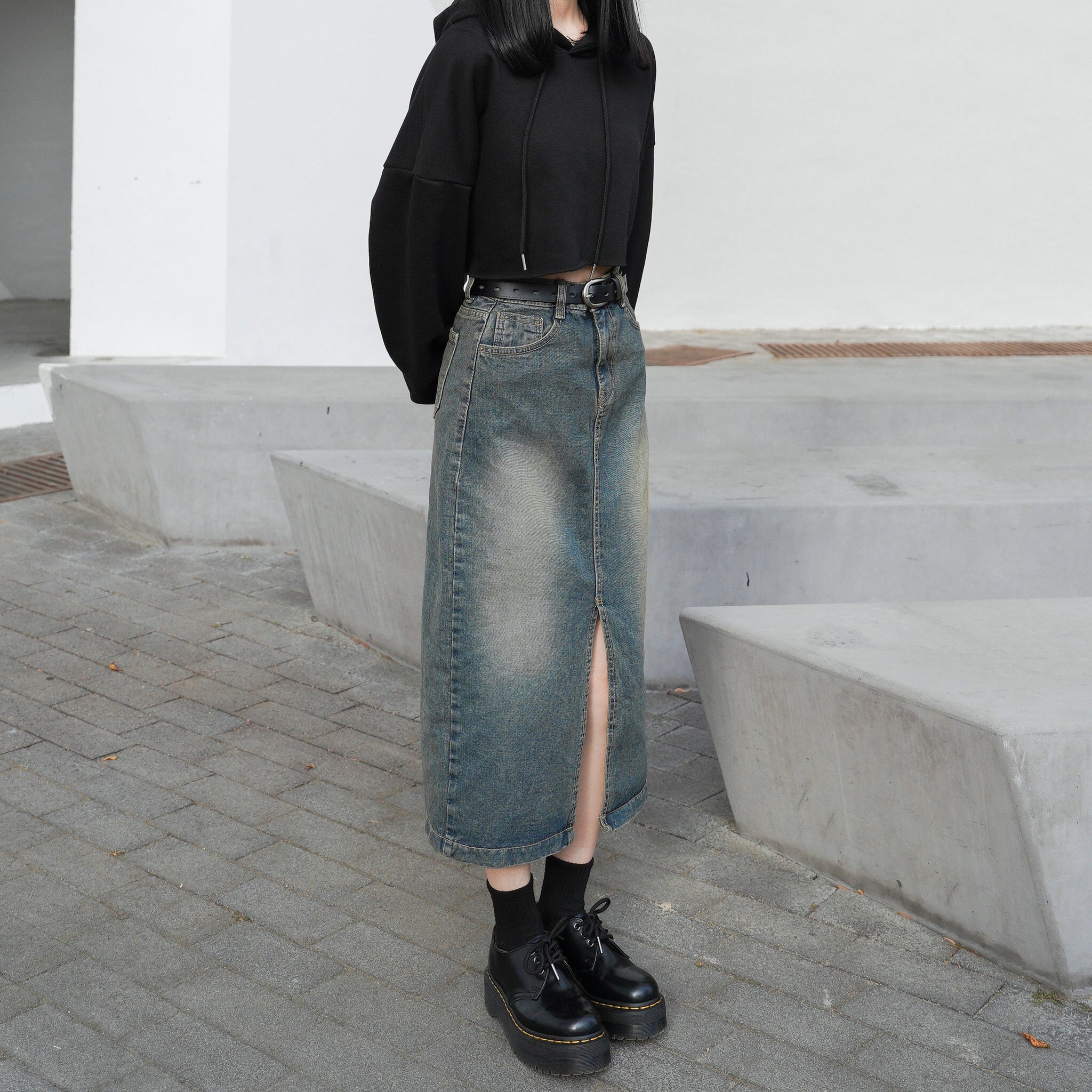 [前開衩] Vintage Washed Long Skirt/ 1色