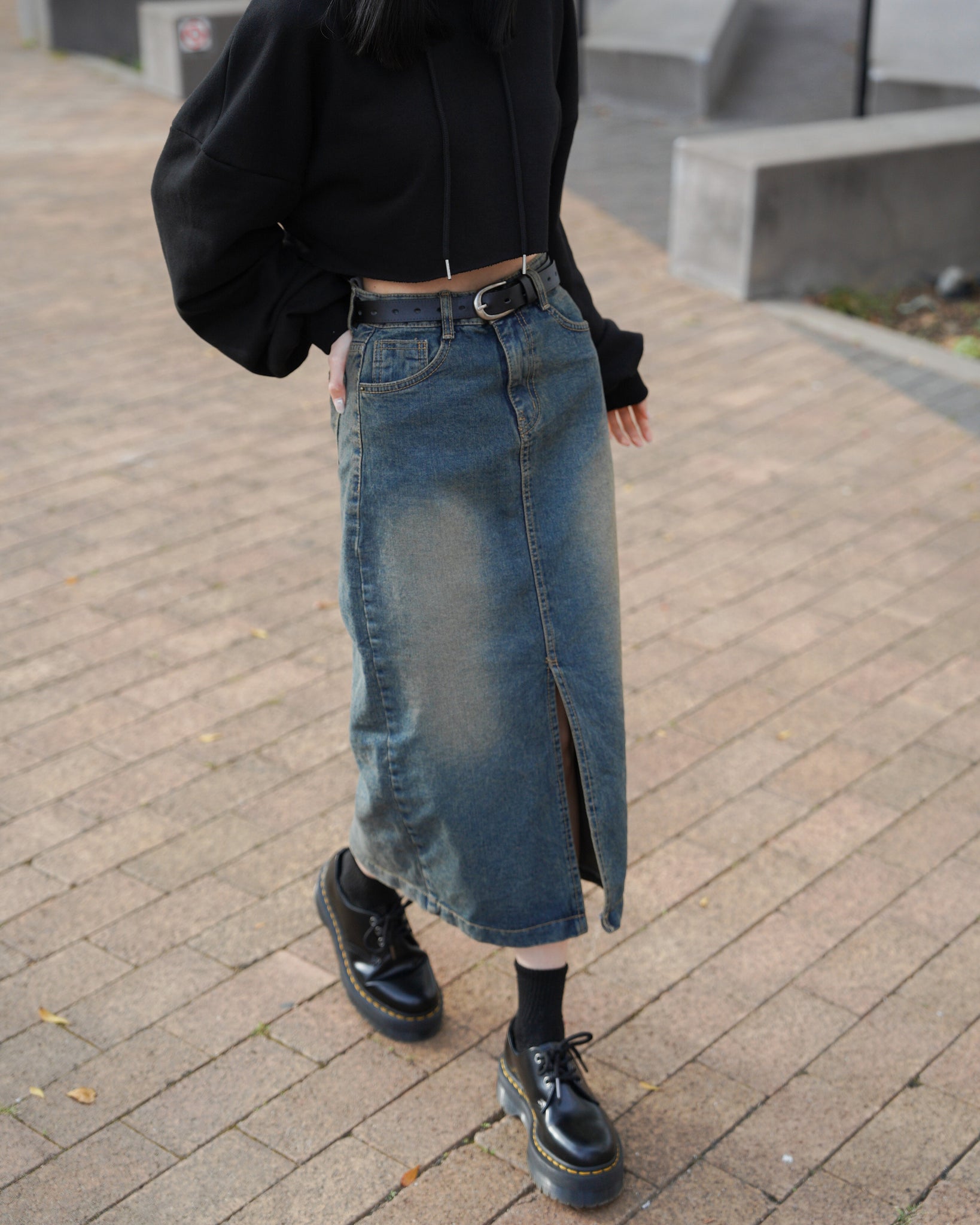 [前開衩] Vintage Washed Long Skirt/ 1色